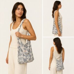 Free People Blue Paisley Cotton Gauze Small Tote Bag OS Boho Reusable